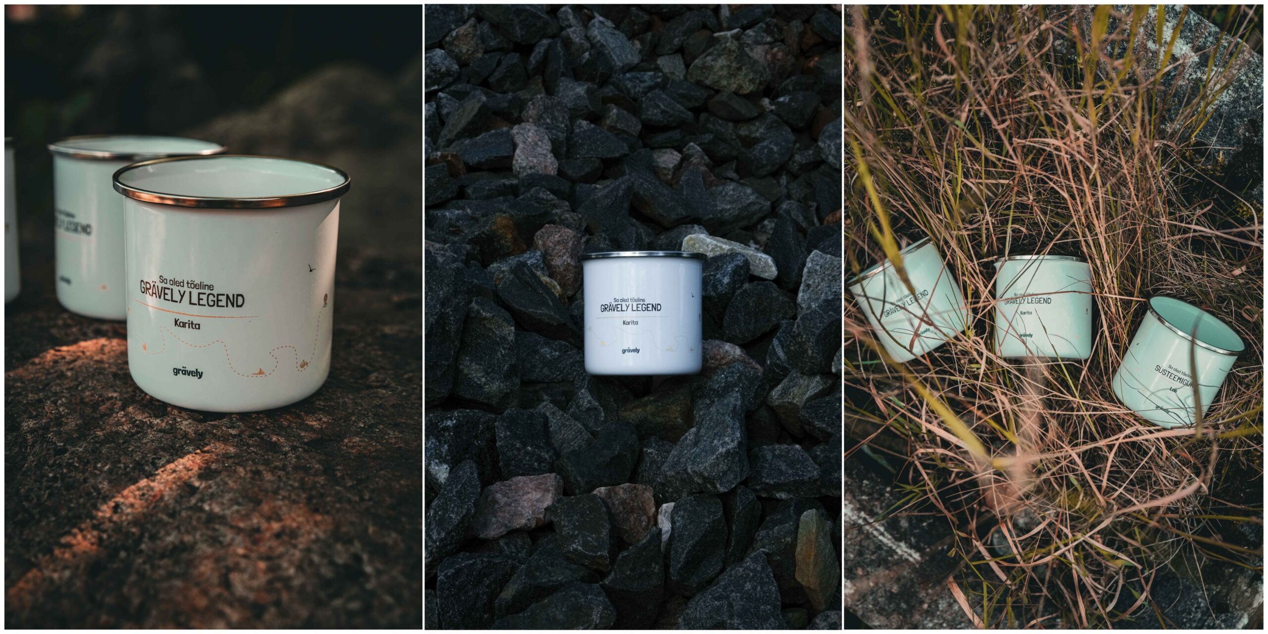 Kolm Grävely matkakruusi looduslikul taustal